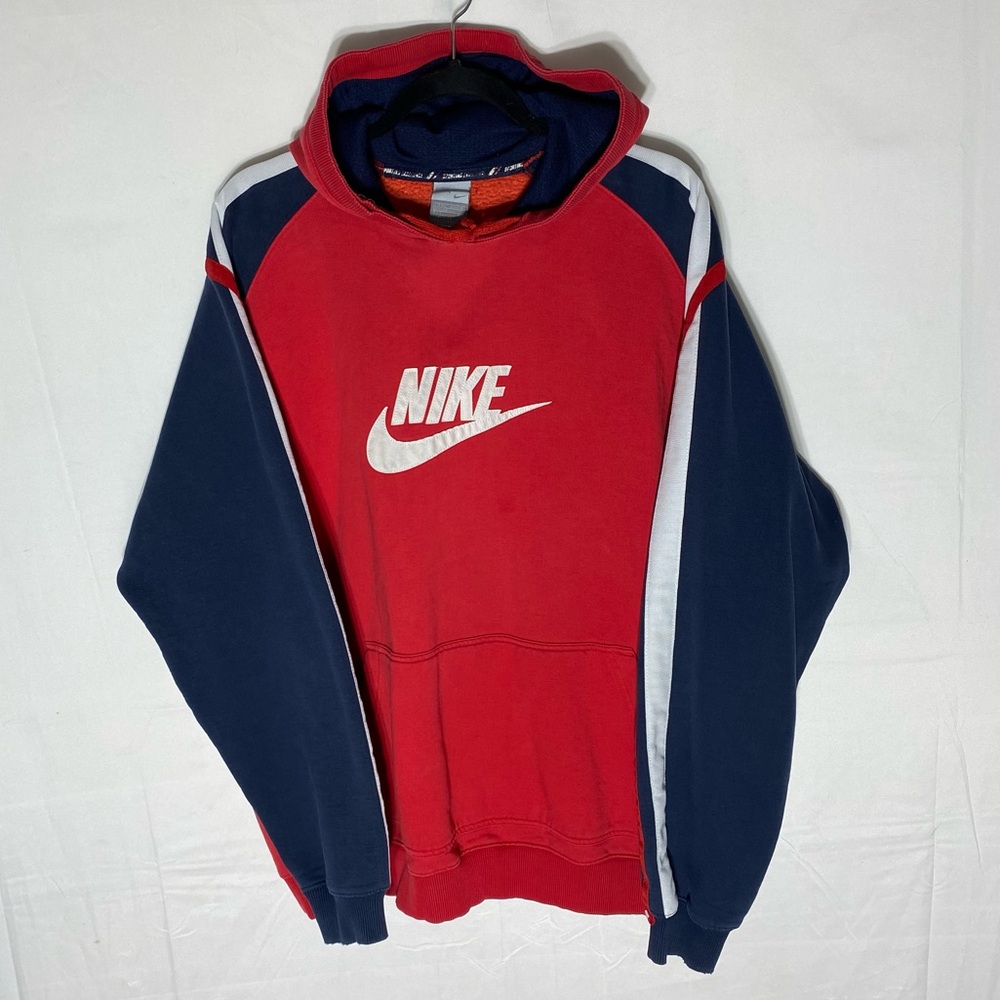 Vintage Nike Red & Navy Blue Color Block Sweatshirt Pullover Logo Hoodie XXL
